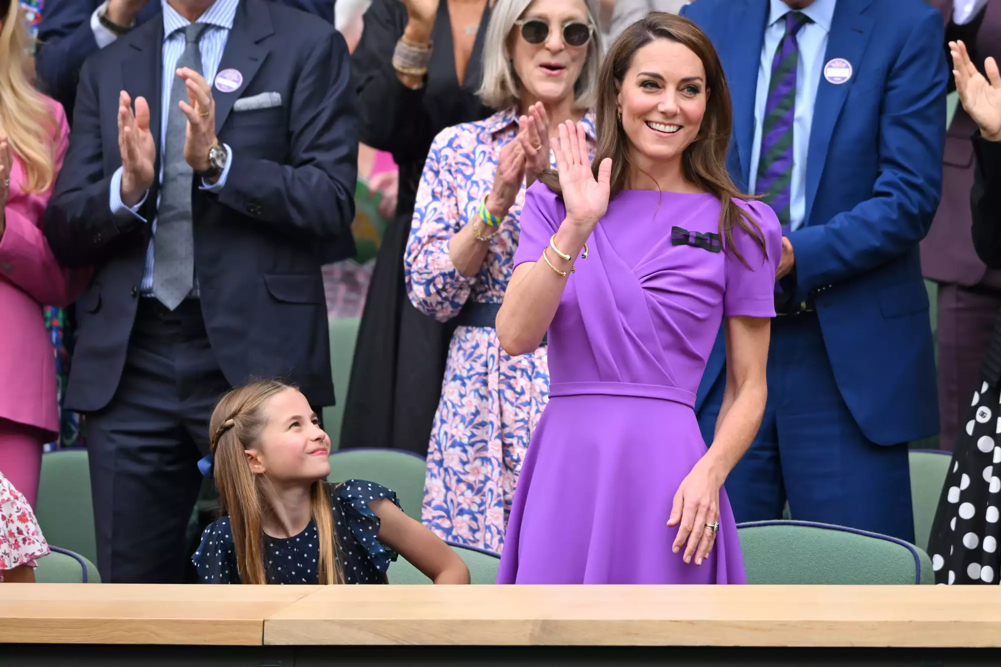 Stefan Edberg, Princess Charlotte of Wales, Marjory Gengler, Catherine, Princess of Wales, Stan Smith, Tom Cruise, Bec Hewitt and Debbie Jevans court-side of Centre Court during the men's final on day fourteen of the Wimbledon Tennis Championships at the All England Lawn Tennis and Croquet Club on July 14, 2024 in London, England.