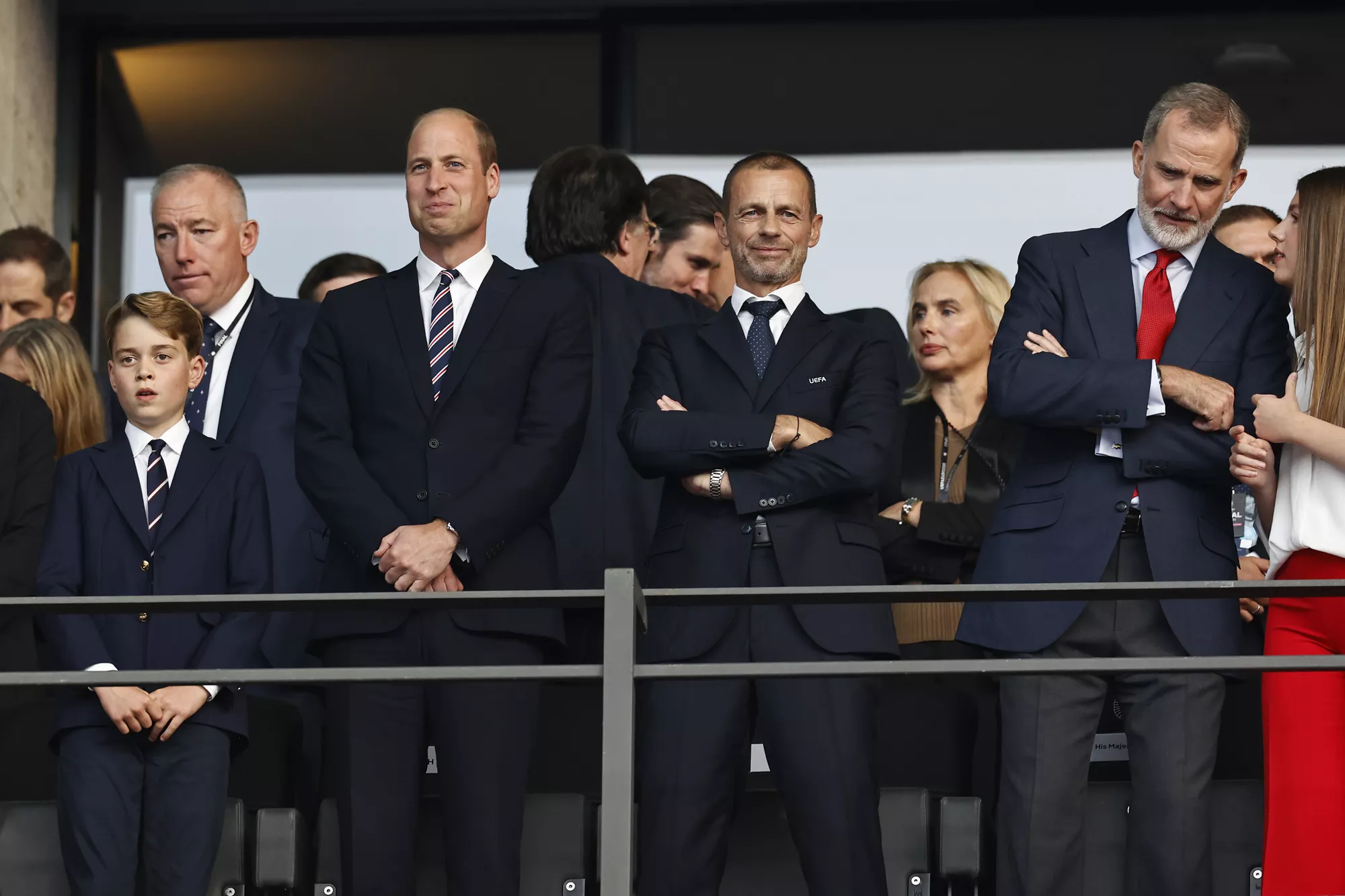 rince George, Prince William, UEFA President Aleksander Ceferin, King Felipe VI of Spain during the UEFA EURO 2024 Final match between Spain and England at the Olympiastadion on July 14, 2024 in Berlin, Germany.